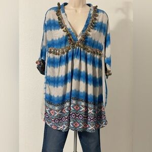 Velzera Blue Tunic with Mexican Style Fringe Poms Oversized Size M